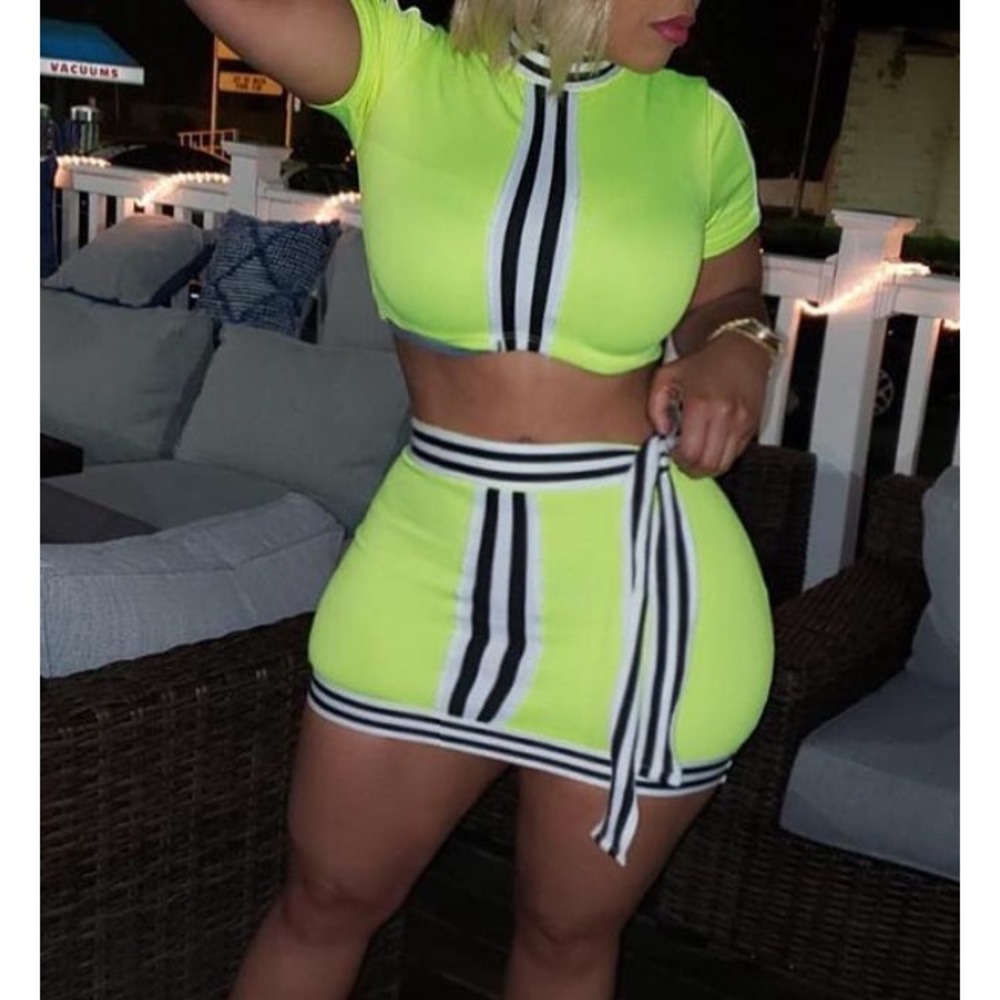Two piece skirt set highlighter green